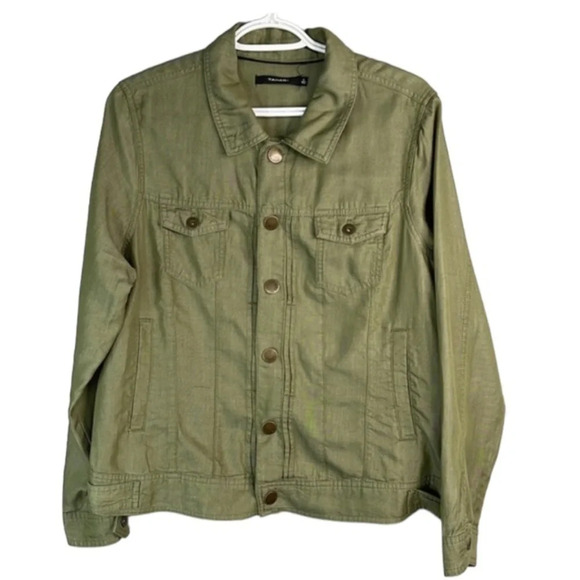 TAHARI Olive Green Lyocell Utility Jacket Button Snap Closure Lightweight Size L - Picture 2 of 14